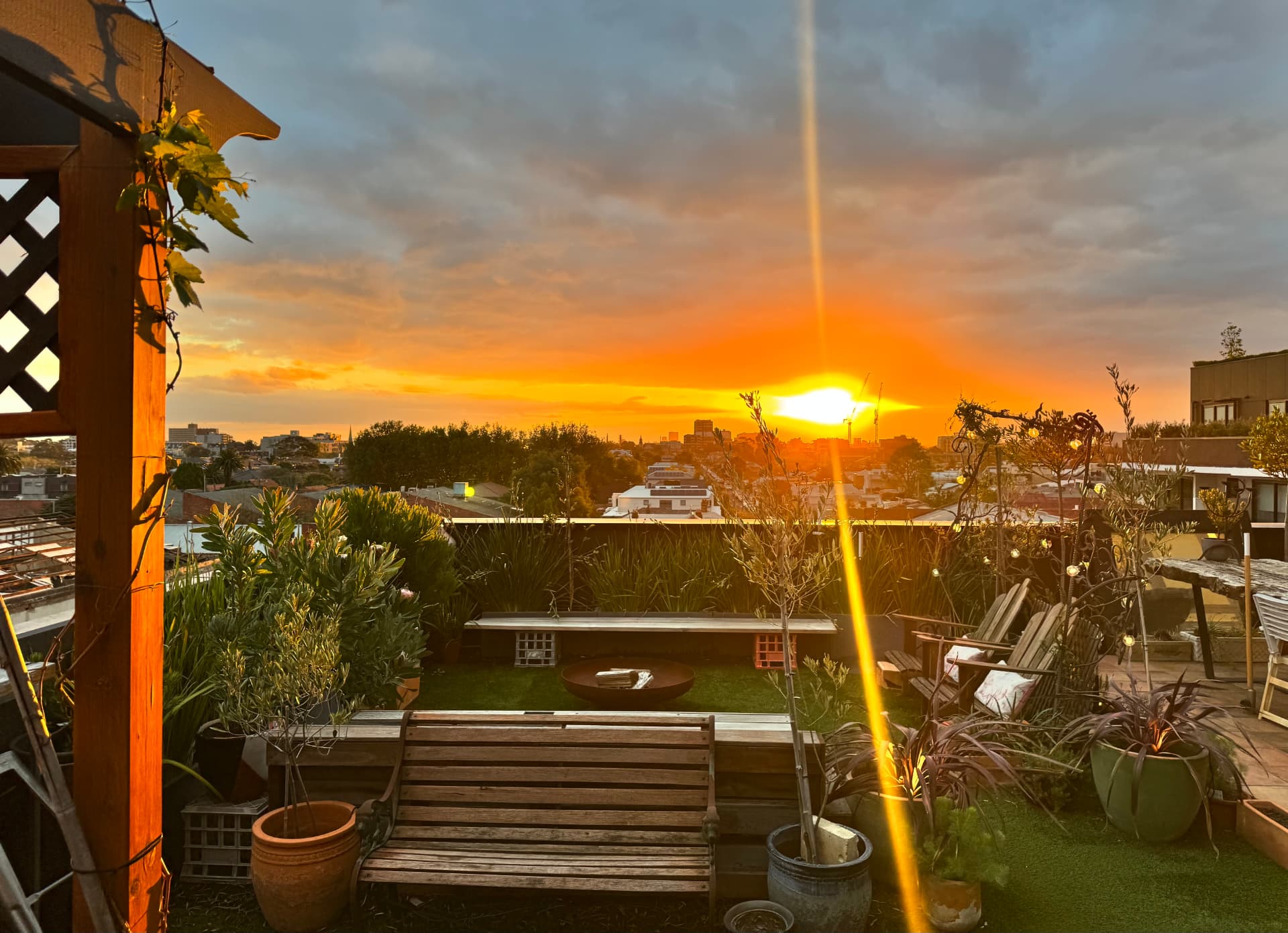 Rooftop terrace garden at sunset with the Melbourne skyline beyond